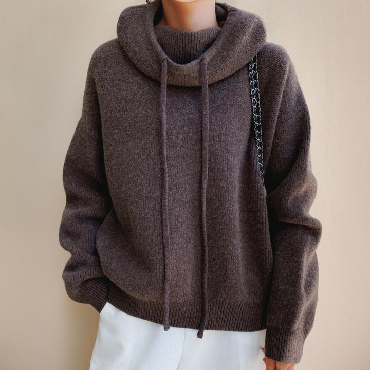 Damen Oversize Strick-Turtleneck Sweater mit Kapuze und Kordelzug - Braun