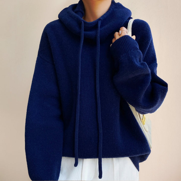 Damen Oversize Strick-Turtleneck Sweater mit Kapuze und Kordelzug - Blau