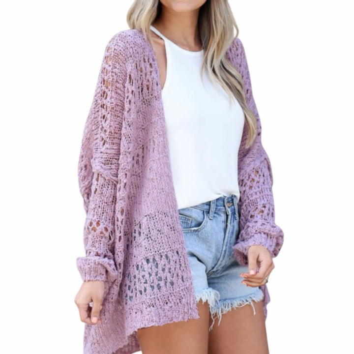 Damen Oversize Strickjacke Boho Offener Häkel-Cardigan - Lila
