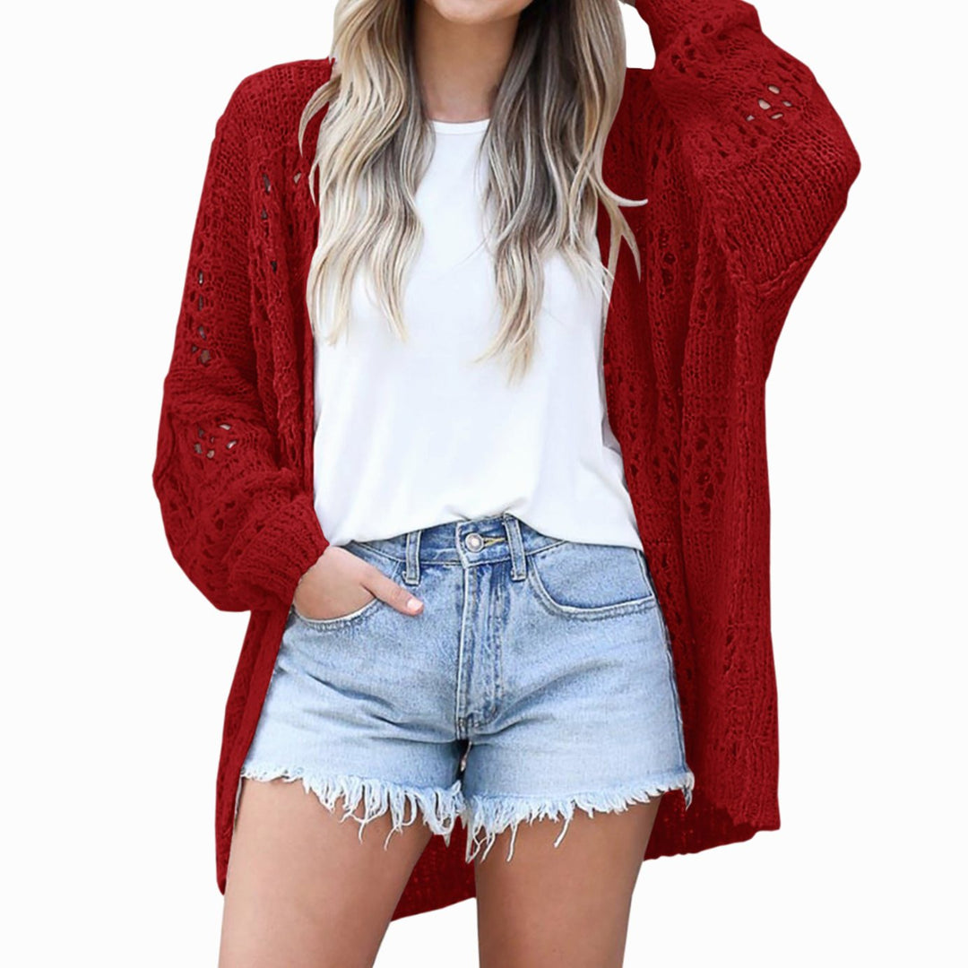 Damen Oversize Strickjacke Boho Offener Häkel-Cardigan - Rot