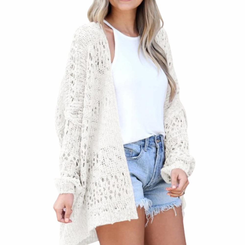 Damen Oversize Strickjacke Boho Offener Häkel-Cardigan - Weiß