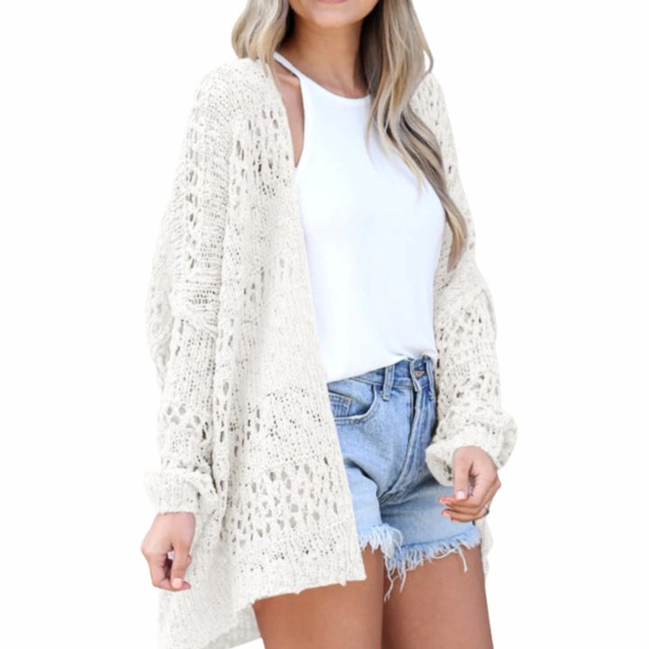 Damen Oversize Strickjacke Boho Offener Häkel-Cardigan - Weiß