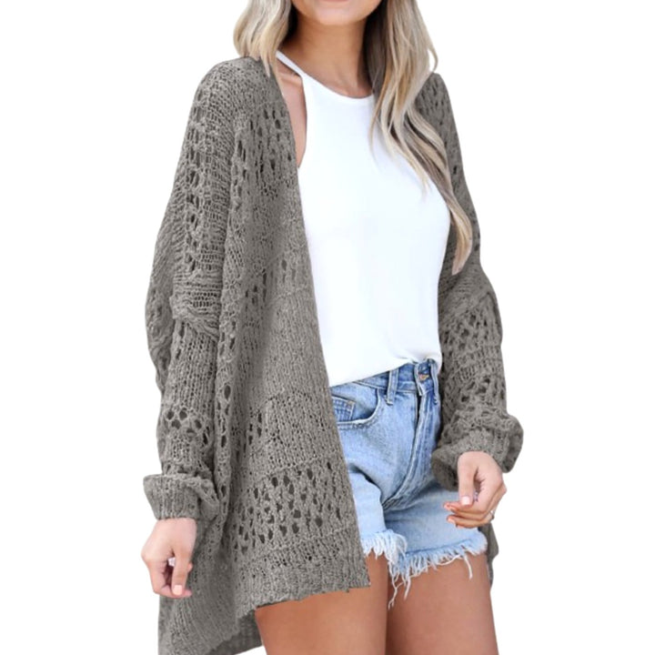 Damen Oversize Strickjacke Boho Offener Häkel-Cardigan - Grau