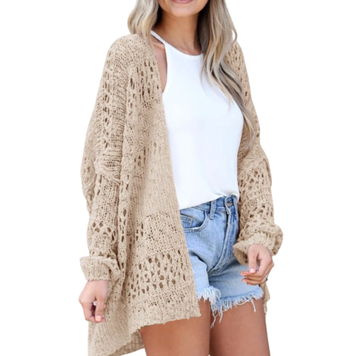 Damen Oversize Strickjacke Boho Offener Häkel-Cardigan - Khaki