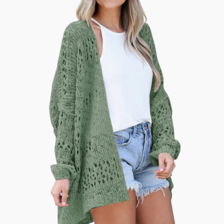 Damen Oversize Strickjacke Boho Offener Häkel-Cardigan - Grün