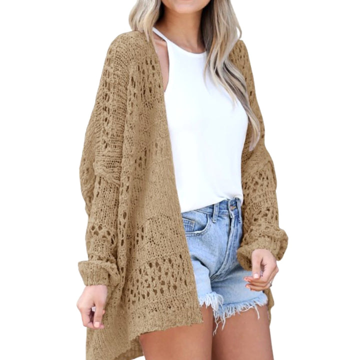 Damen Oversize Strickjacke Boho Offener Häkel-Cardigan - Camel