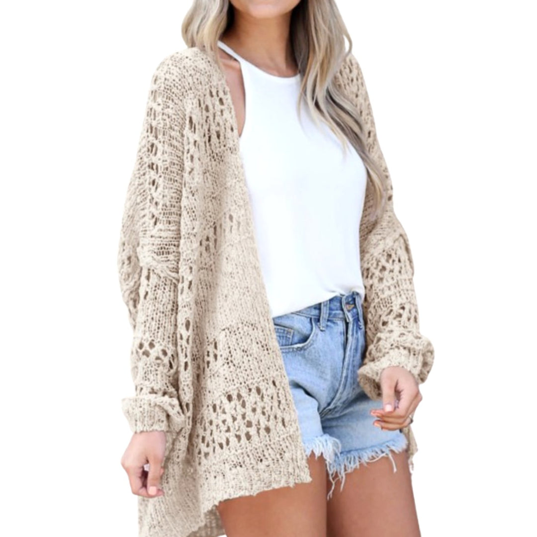 Damen Oversize Strickjacke Boho Offener Häkel-Cardigan - Aprikose