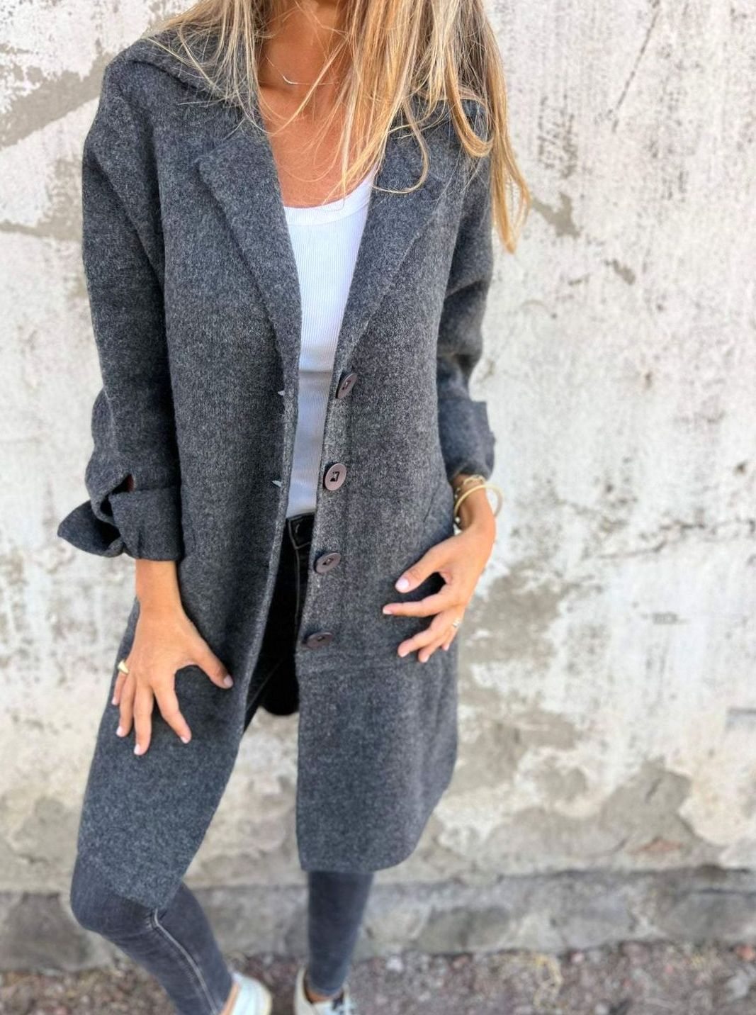 Damen Oversize Strickjacke mit Knöpfen langer Cardigan - Schwarz