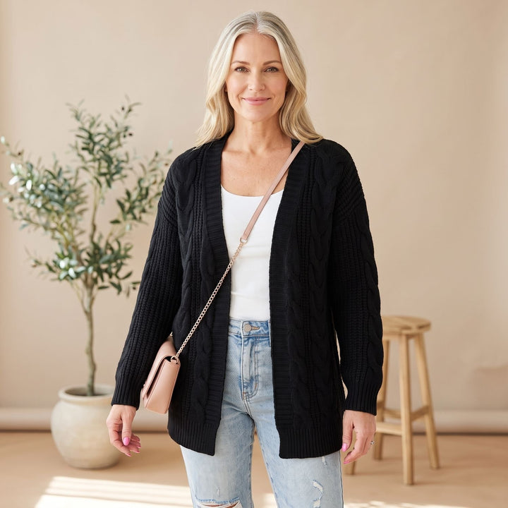 Damen Oversize Strickjacke Offen Grob Gestrickt Langarm Cardigan - Schwarz