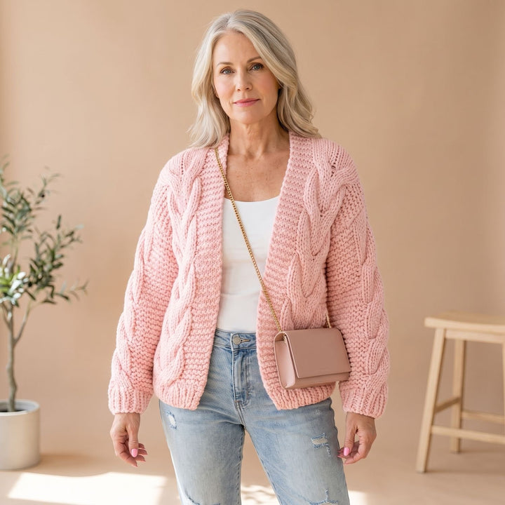 Damen Oversize Strickjacke Offen Grob Gestrickt Langarm Cardigan - Rosa