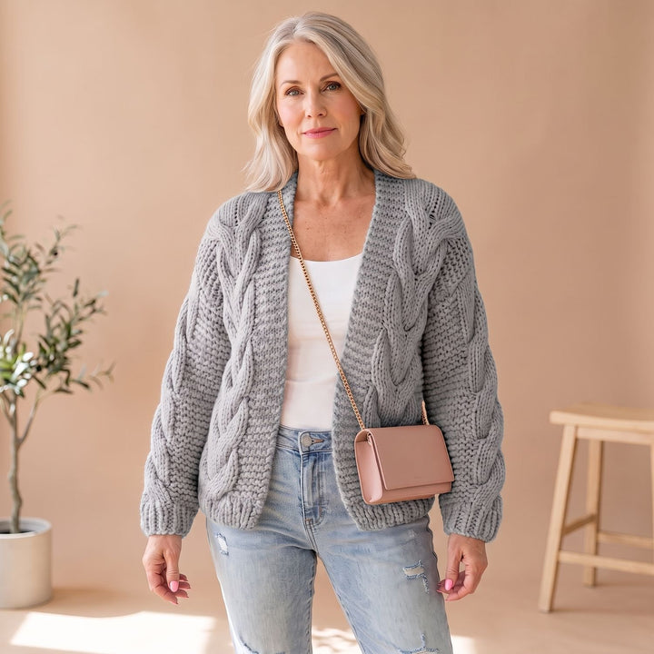 Damen Oversize Strickjacke Offen Grob Gestrickt Langarm Cardigan - Grau