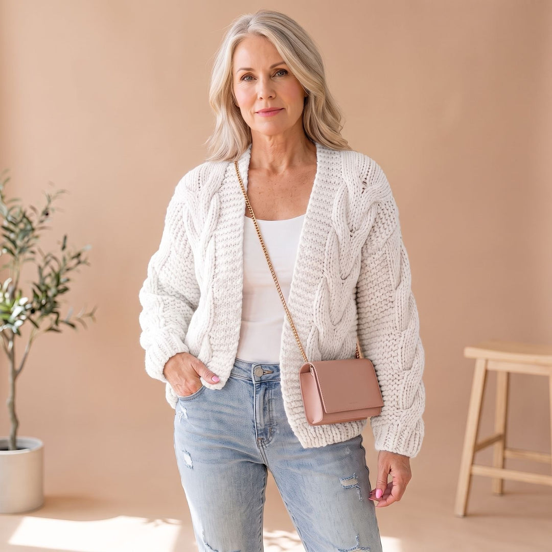 Damen Oversize Strickjacke Offen Grob Gestrickt Langarm Cardigan - Weiß