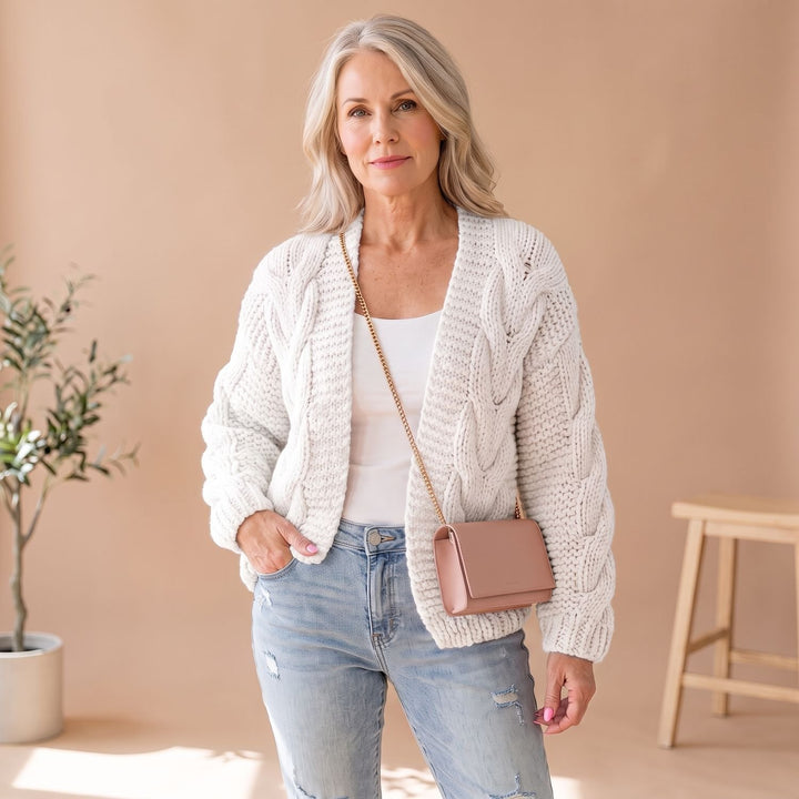 Damen Oversize Strickjacke Offen Grob Gestrickt Langarm Cardigan - Weiß