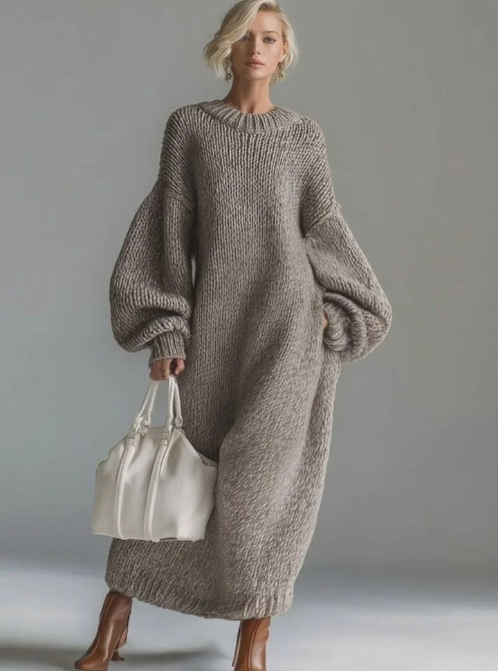 Damen Oversize Strickkleid Maxi Rundhals Volumenärmel - Khaki