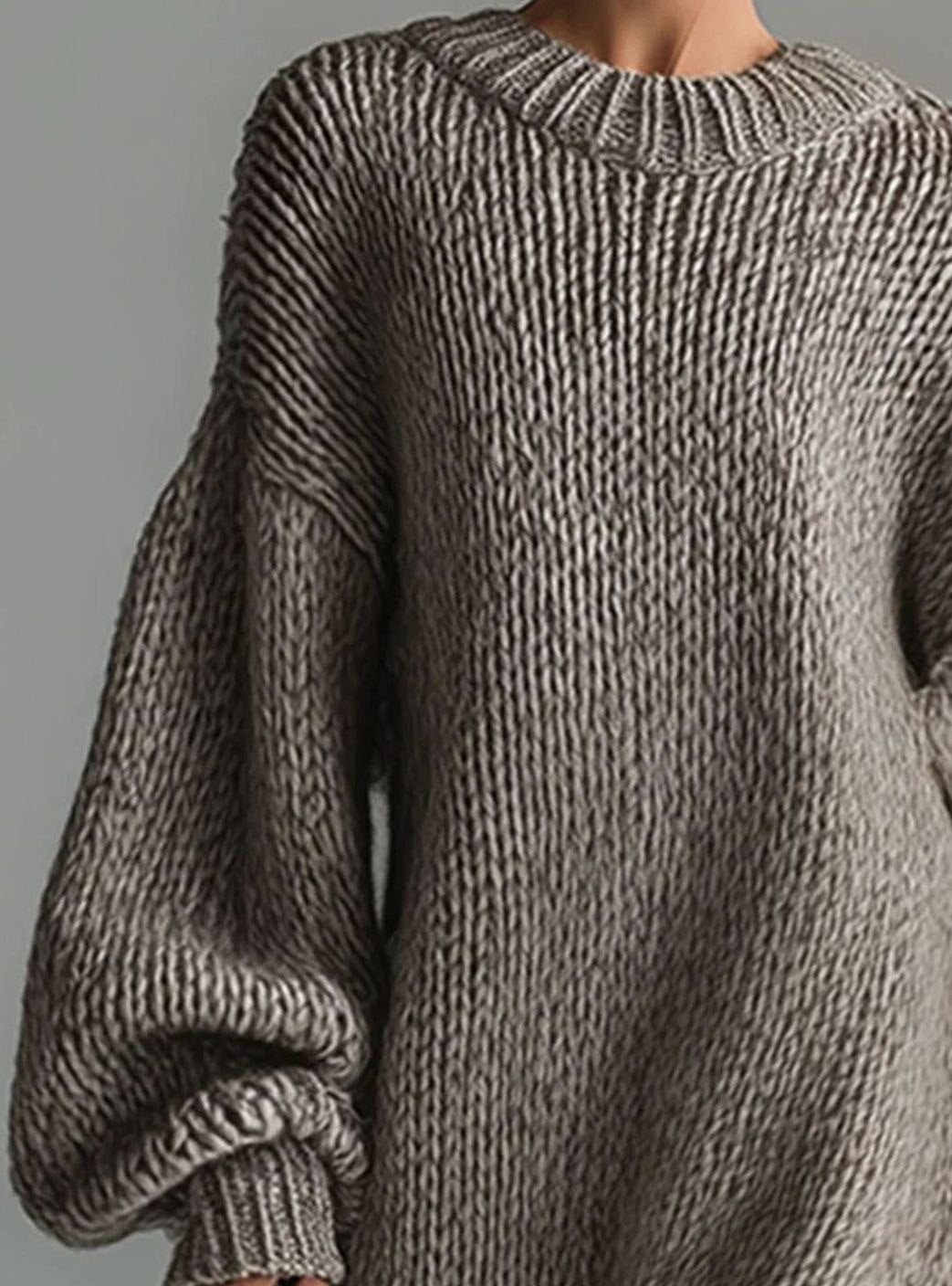 Damen Oversize Strickkleid Maxi Rundhals Volumenärmel