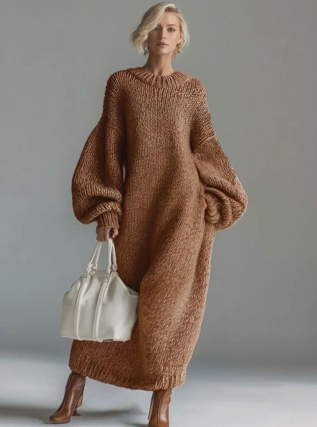 Damen Oversize Strickkleid Maxi Rundhals Volumenärmel - Braun