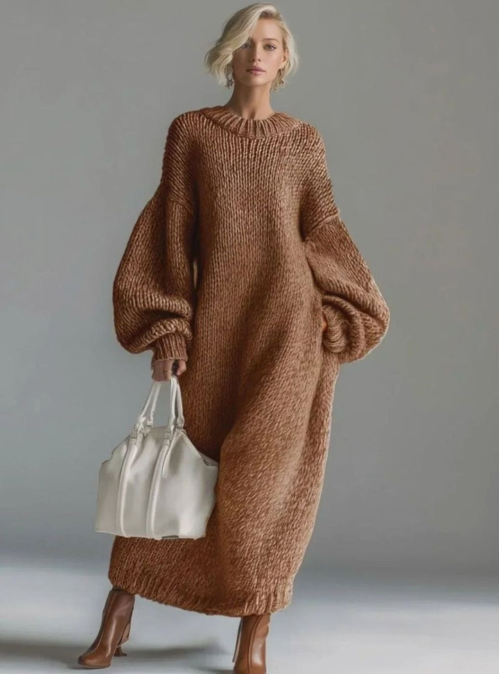 Damen Oversize Strickkleid Maxi Rundhals Volumenärmel - Braun