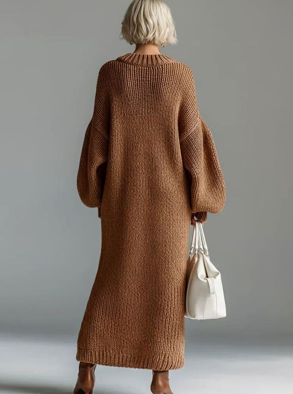 Damen Oversize Strickkleid Maxi Rundhals Volumenärmel
