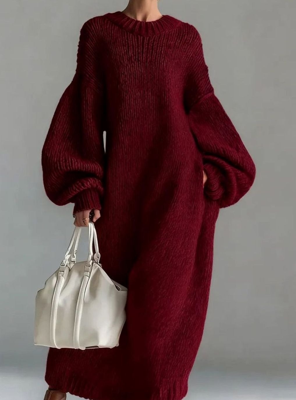 Damen Oversize Strickkleid Maxi Rundhals Volumenärmel - Rot