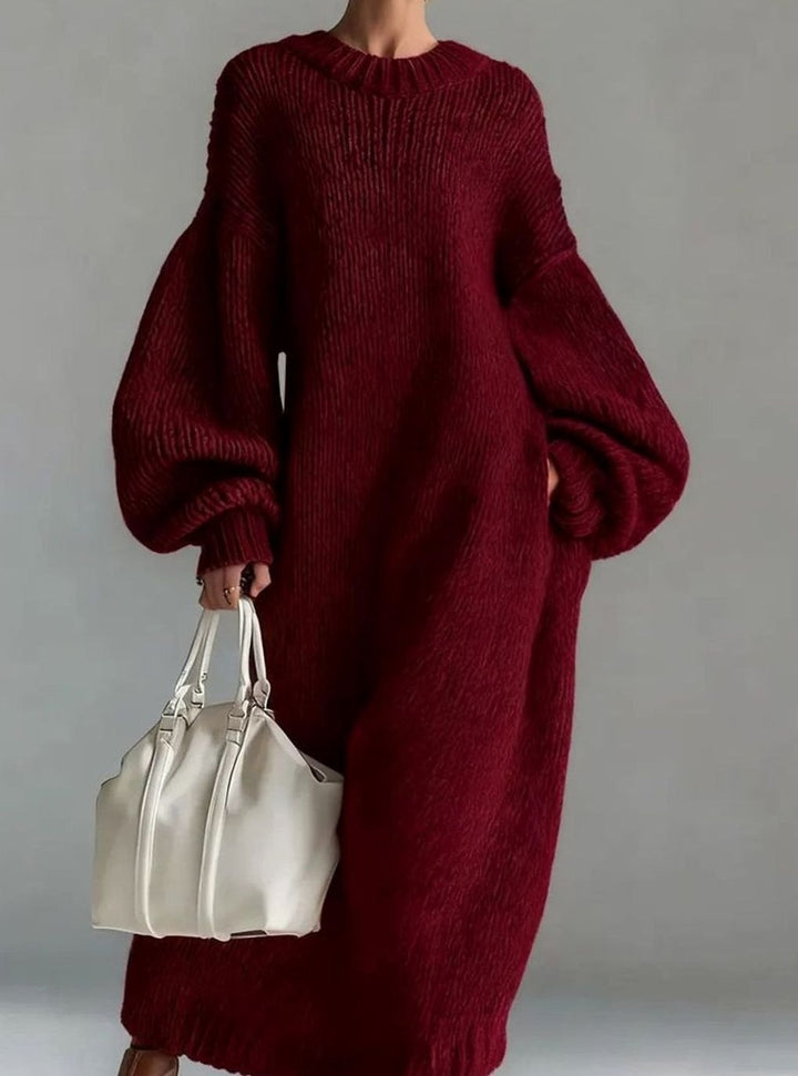 Damen Oversize Strickkleid Maxi Rundhals Volumenärmel - Rot