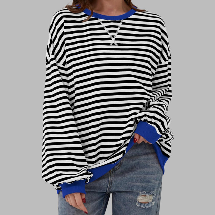 Damen Oversize-Sweatshirt mit Retro-Streifen und Kontrast-Rippbündchen - Schwarz