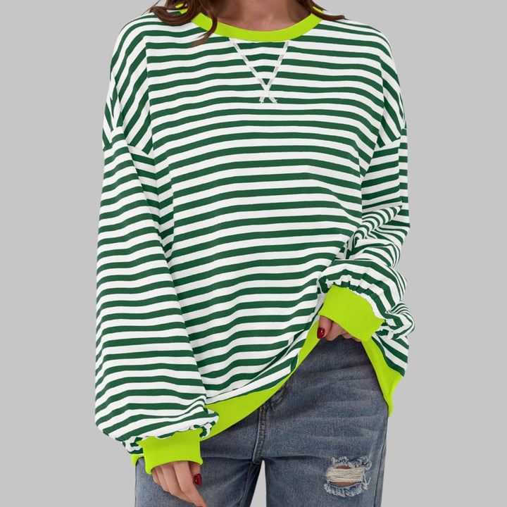 Damen Oversize-Sweatshirt mit Retro-Streifen und Kontrast-Rippbündchen - Dunkelgrün