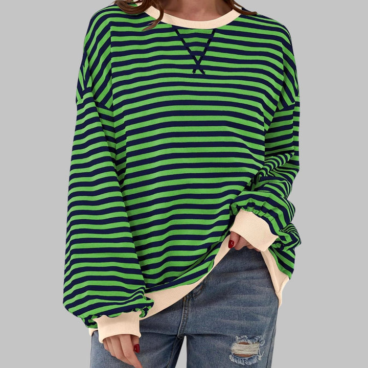 Damen Oversize-Sweatshirt mit Retro-Streifen und Kontrast-Rippbündchen - Grün