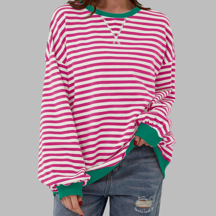 Damen Oversize-Sweatshirt mit Retro-Streifen und Kontrast-Rippbündchen - Rosarot