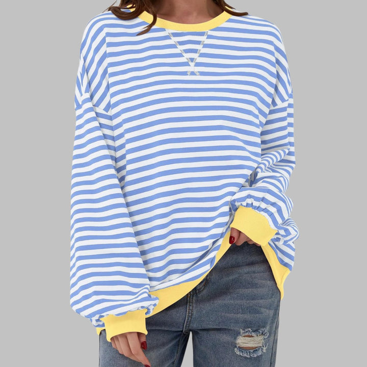 Damen Oversize-Sweatshirt mit Retro-Streifen und Kontrast-Rippbündchen - Himmelblau