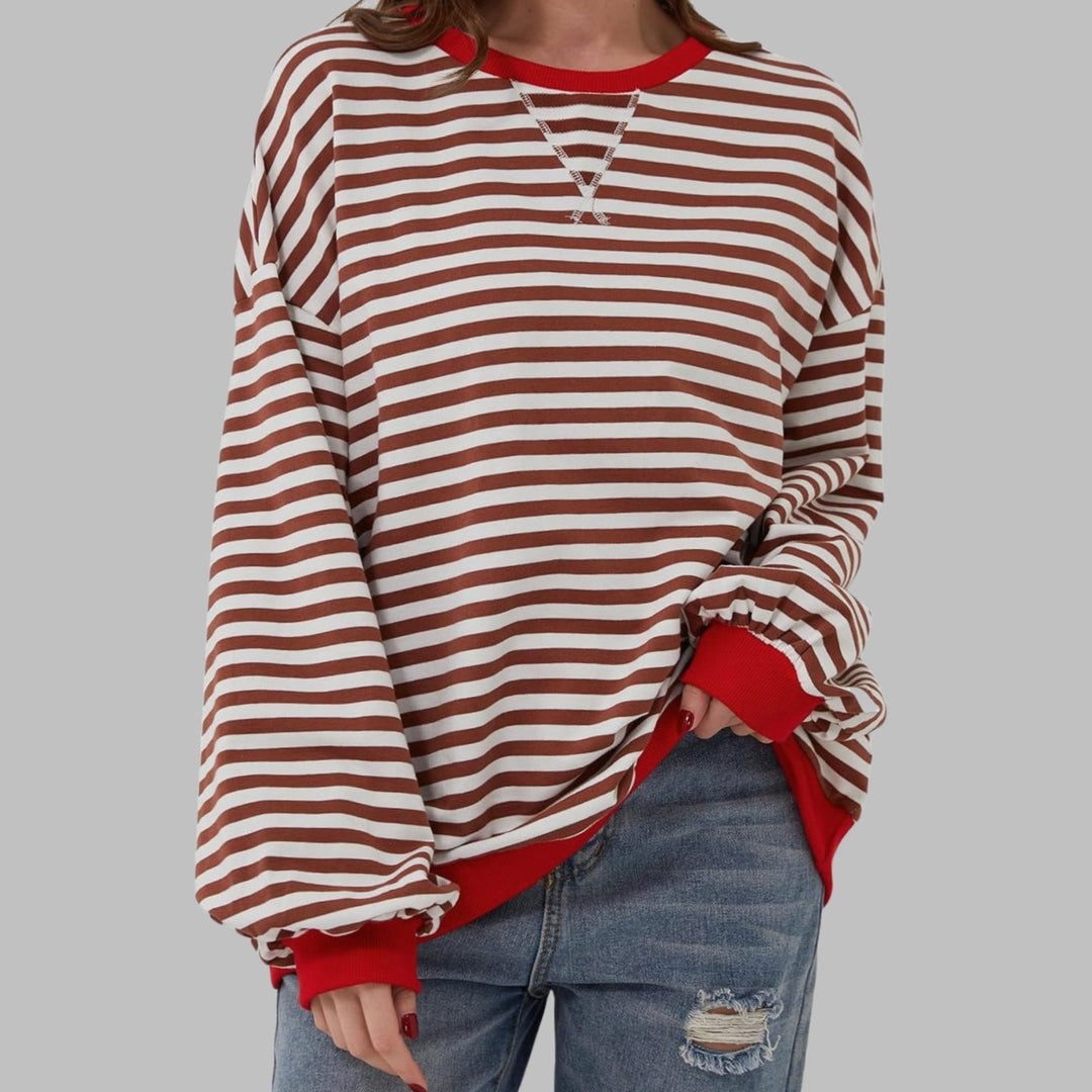 Damen Oversize-Sweatshirt mit Retro-Streifen und Kontrast-Rippbündchen - Rot