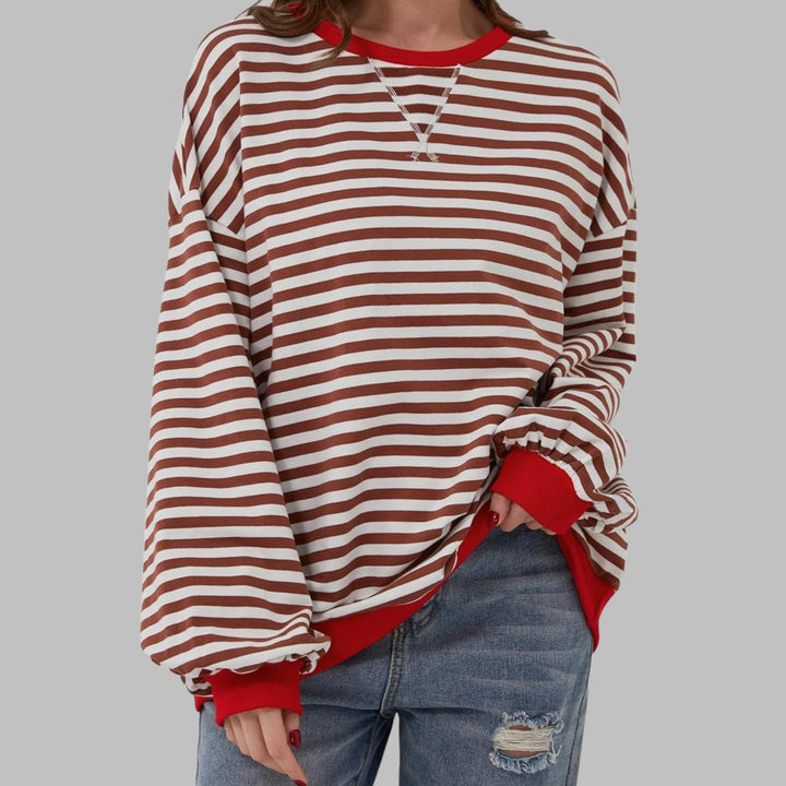 Damen Oversize-Sweatshirt mit Retro-Streifen und Kontrast-Rippbündchen - Rot