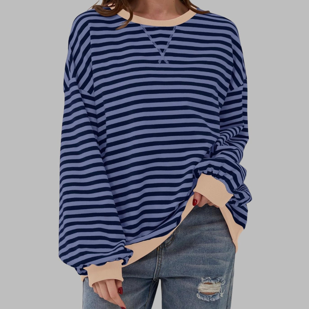 Damen Oversize-Sweatshirt mit Retro-Streifen und Kontrast-Rippbündchen - Blau