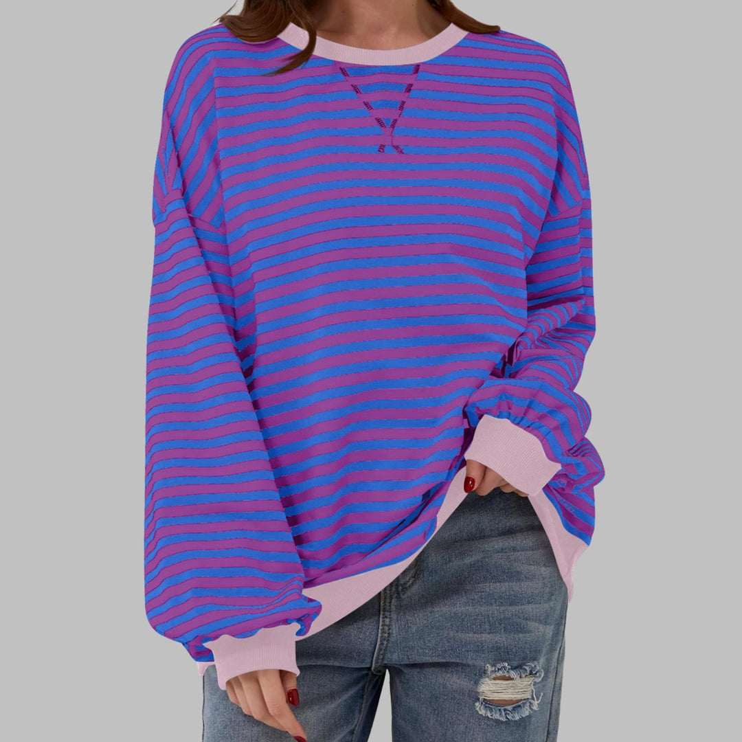 Damen Oversize-Sweatshirt mit Retro-Streifen und Kontrast-Rippbündchen - Lila