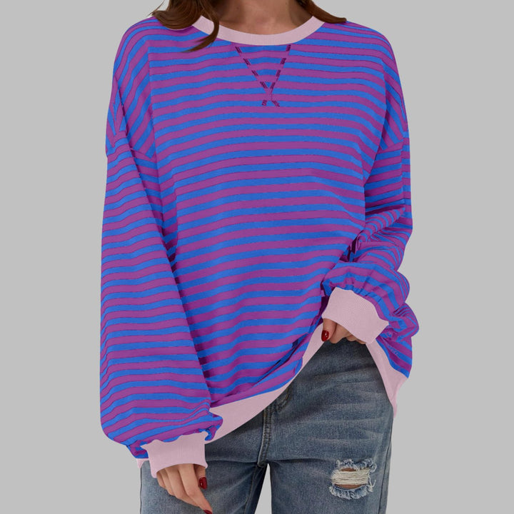 Damen Oversize-Sweatshirt mit Retro-Streifen und Kontrast-Rippbündchen - Lila