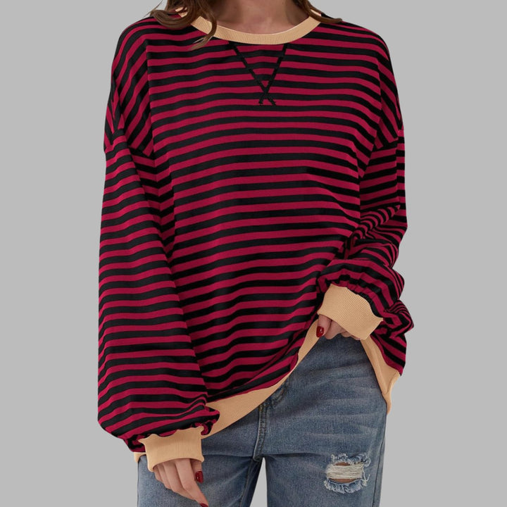 Damen Oversize-Sweatshirt mit Retro-Streifen und Kontrast-Rippbündchen - Bordeaux