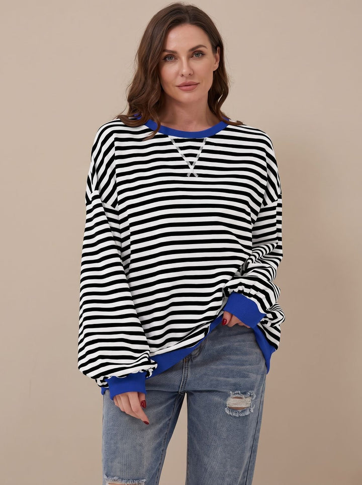 Damen Oversize-Sweatshirt Retro-Streifen Rundhals Langarm - Schwarz