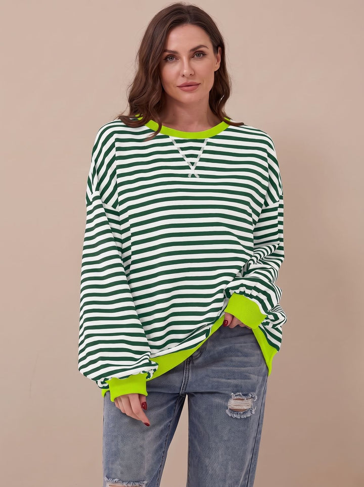 Damen Oversize-Sweatshirt Retro-Streifen Rundhals Langarm - Dunkelgrün