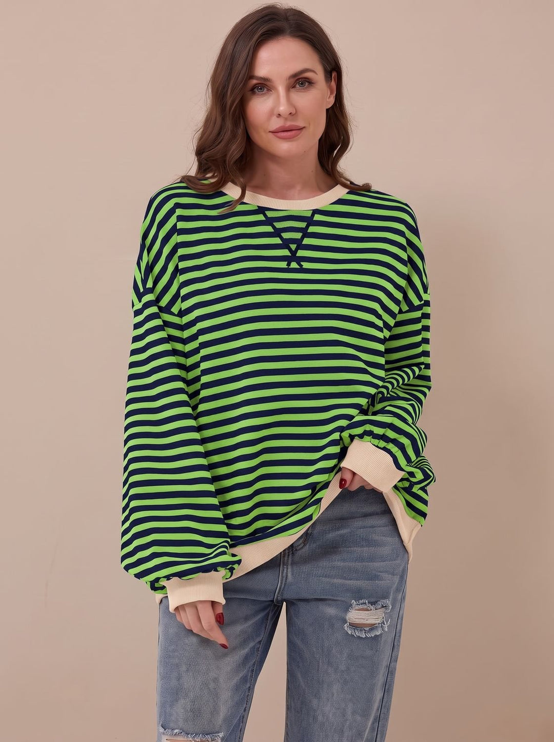 Damen Oversize-Sweatshirt Retro-Streifen Rundhals Langarm - Grün