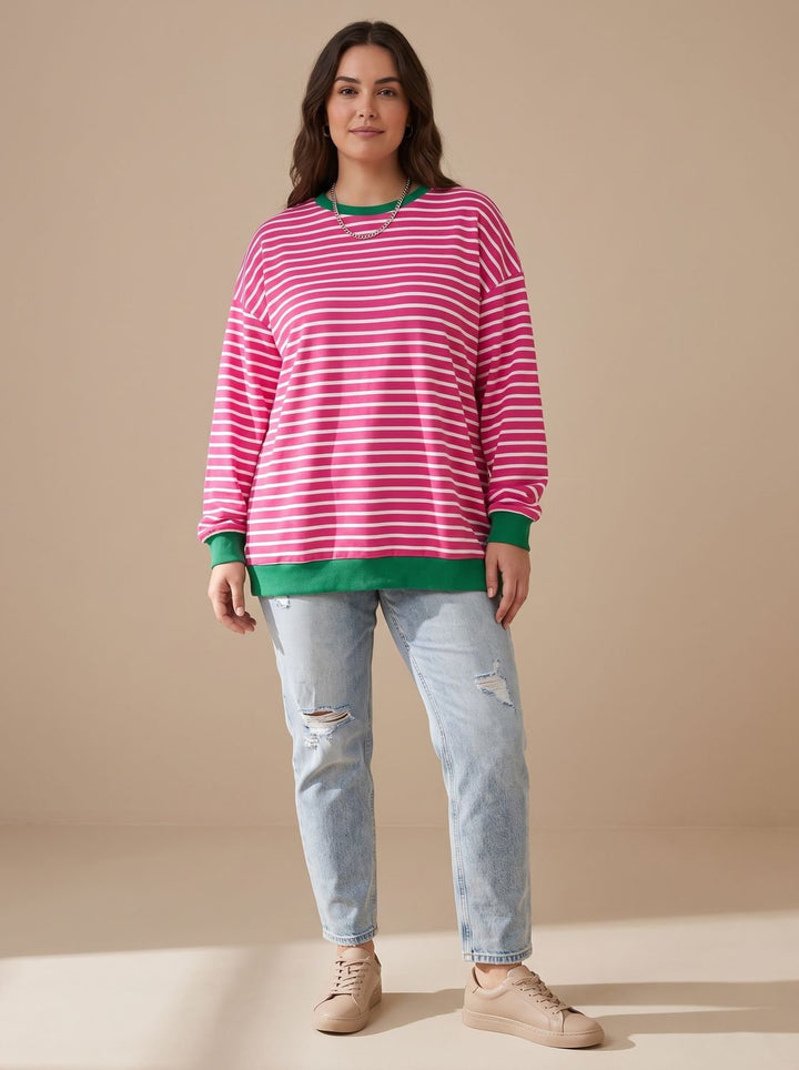 Damen Oversize-Sweatshirt Retro-Streifen Rundhals Langarm - Rosarot