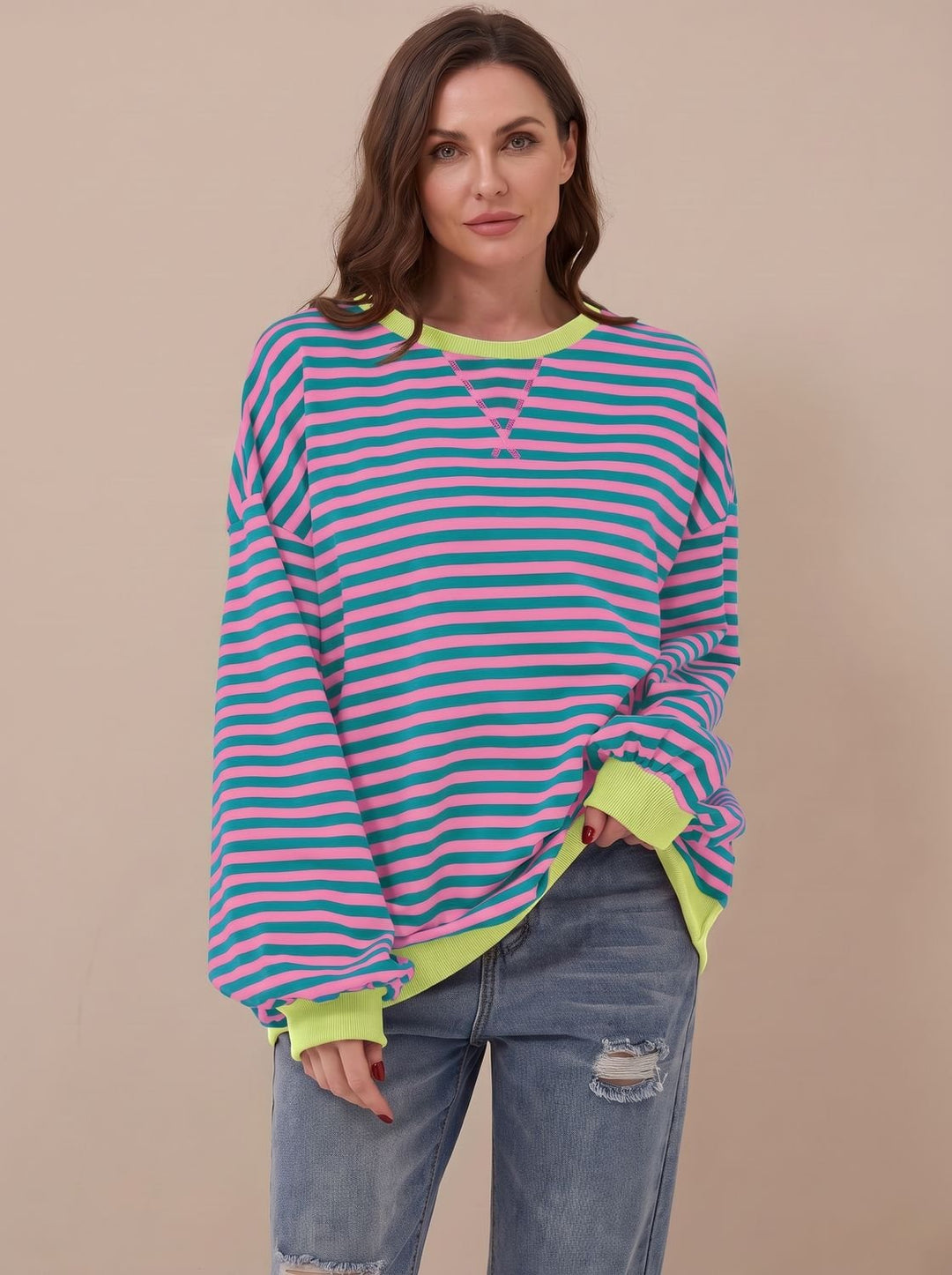 Damen Oversize-Sweatshirt Retro-Streifen Rundhals Langarm - Rosa
