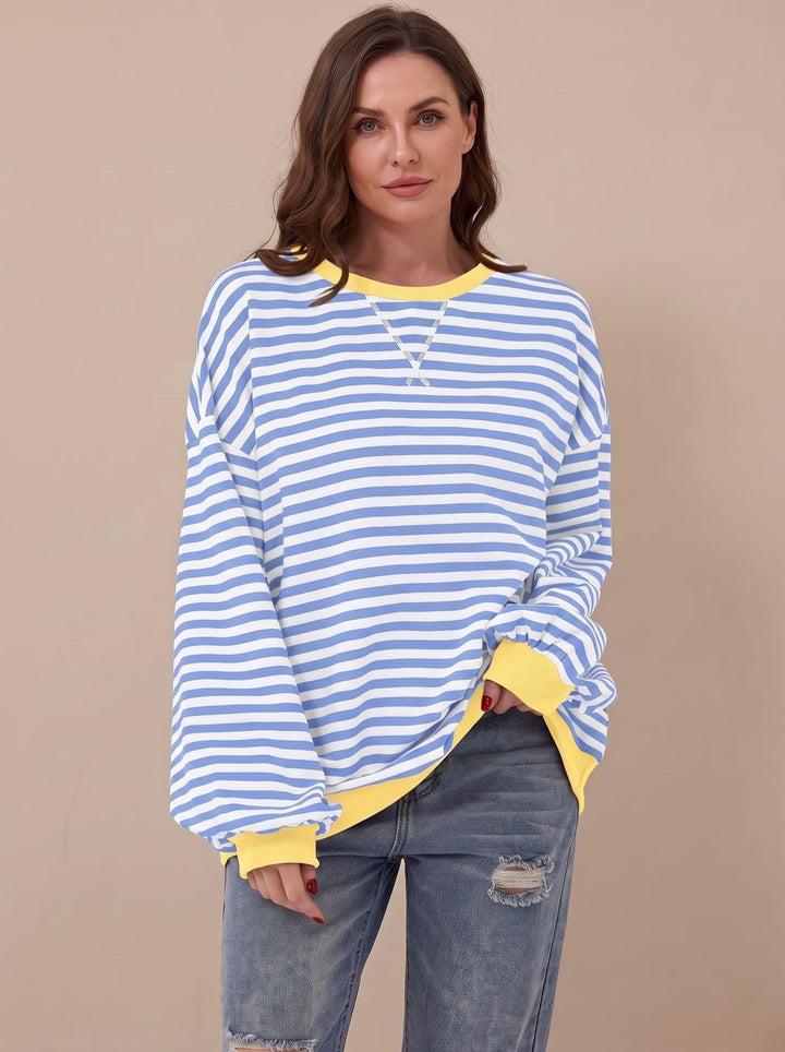 Damen Oversize-Sweatshirt Retro-Streifen Rundhals Langarm - Himmelblau