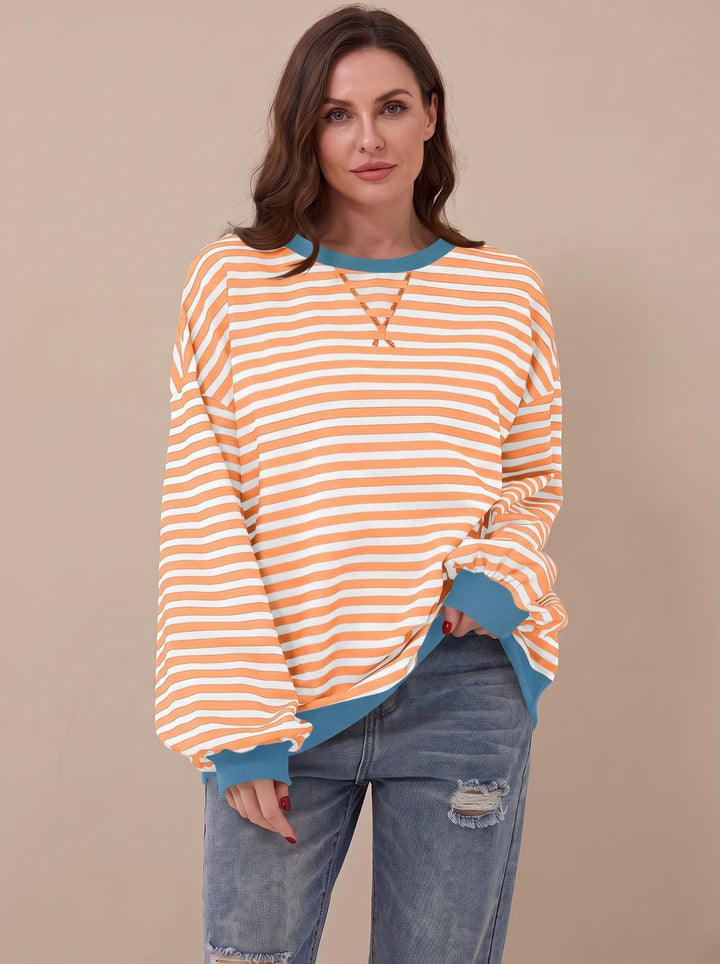Damen Oversize-Sweatshirt Retro-Streifen Rundhals Langarm - Orange