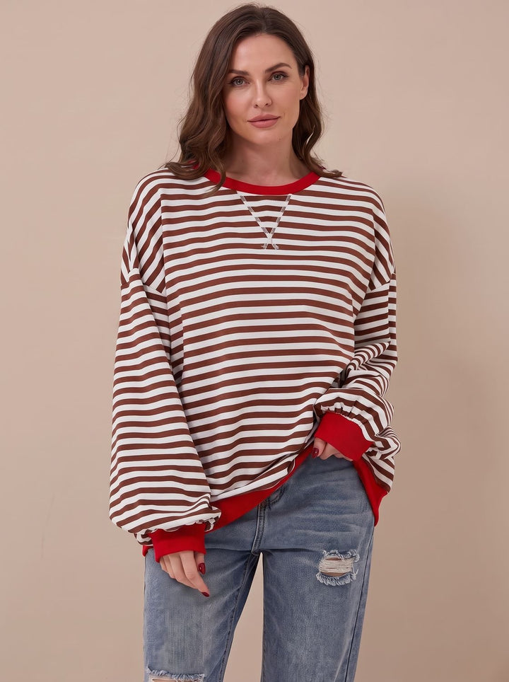 Damen Oversize-Sweatshirt Retro-Streifen Rundhals Langarm - Rot