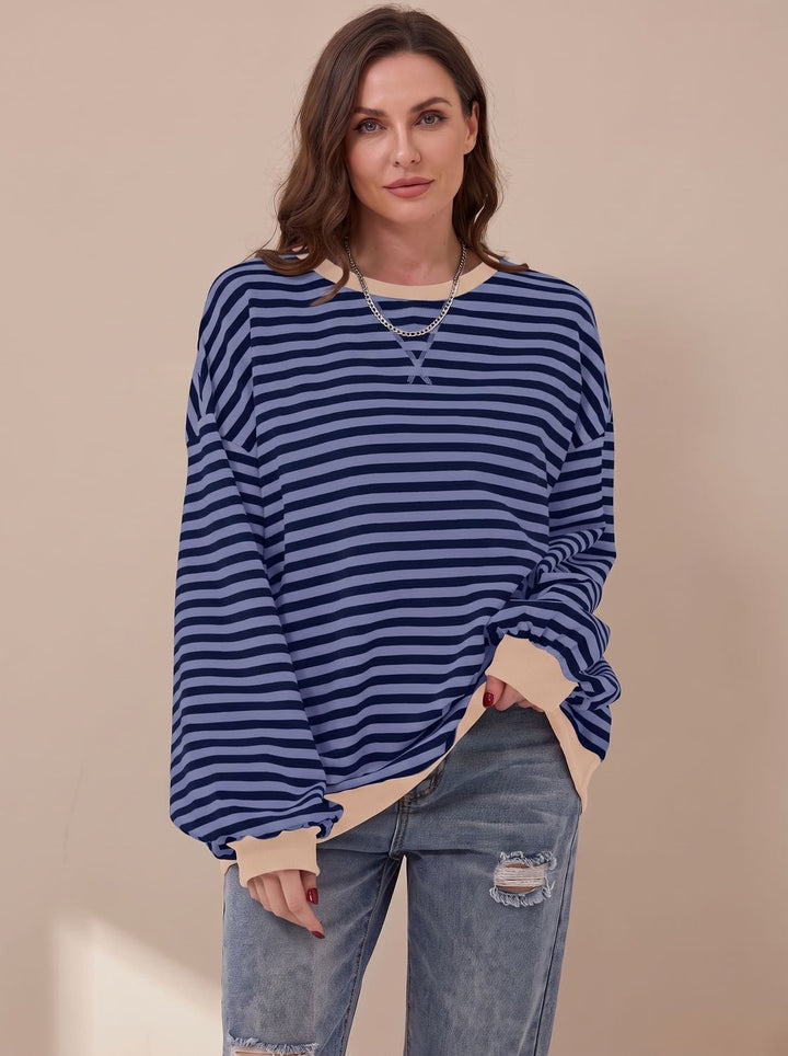 Damen Oversize-Sweatshirt Retro-Streifen Rundhals Langarm - Blau