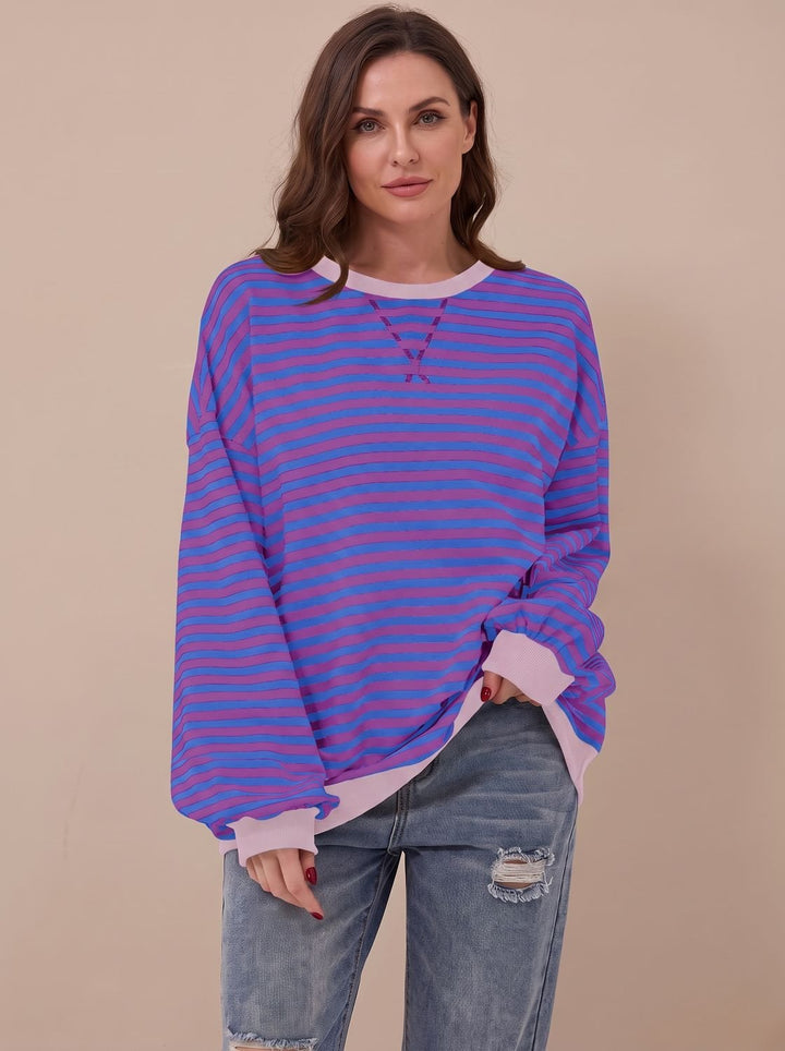 Damen Oversize-Sweatshirt Retro-Streifen Rundhals Langarm - Lila