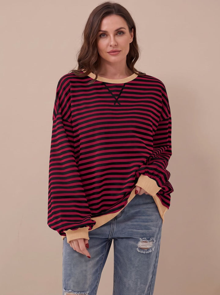 Damen Oversize-Sweatshirt Retro-Streifen Rundhals Langarm - Bordeaux