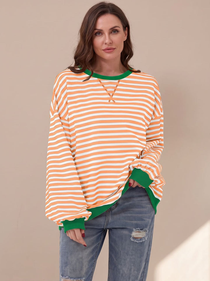 Damen Oversize-Sweatshirt Retro-Streifen Rundhals Langarm - Helles Orange