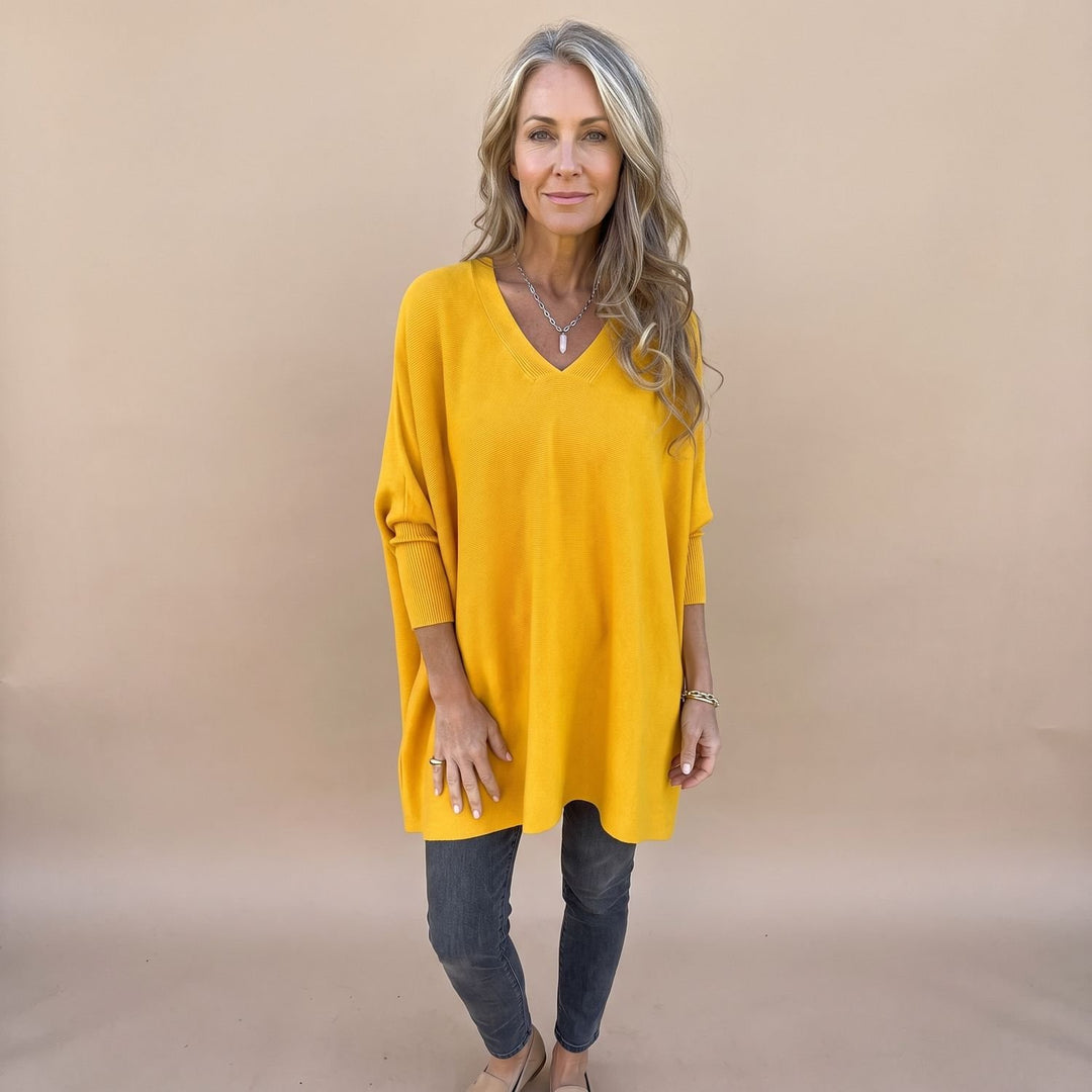 Damen Oversize V-Ausschnitt Pullover Damen Strick Tunika - Gelb