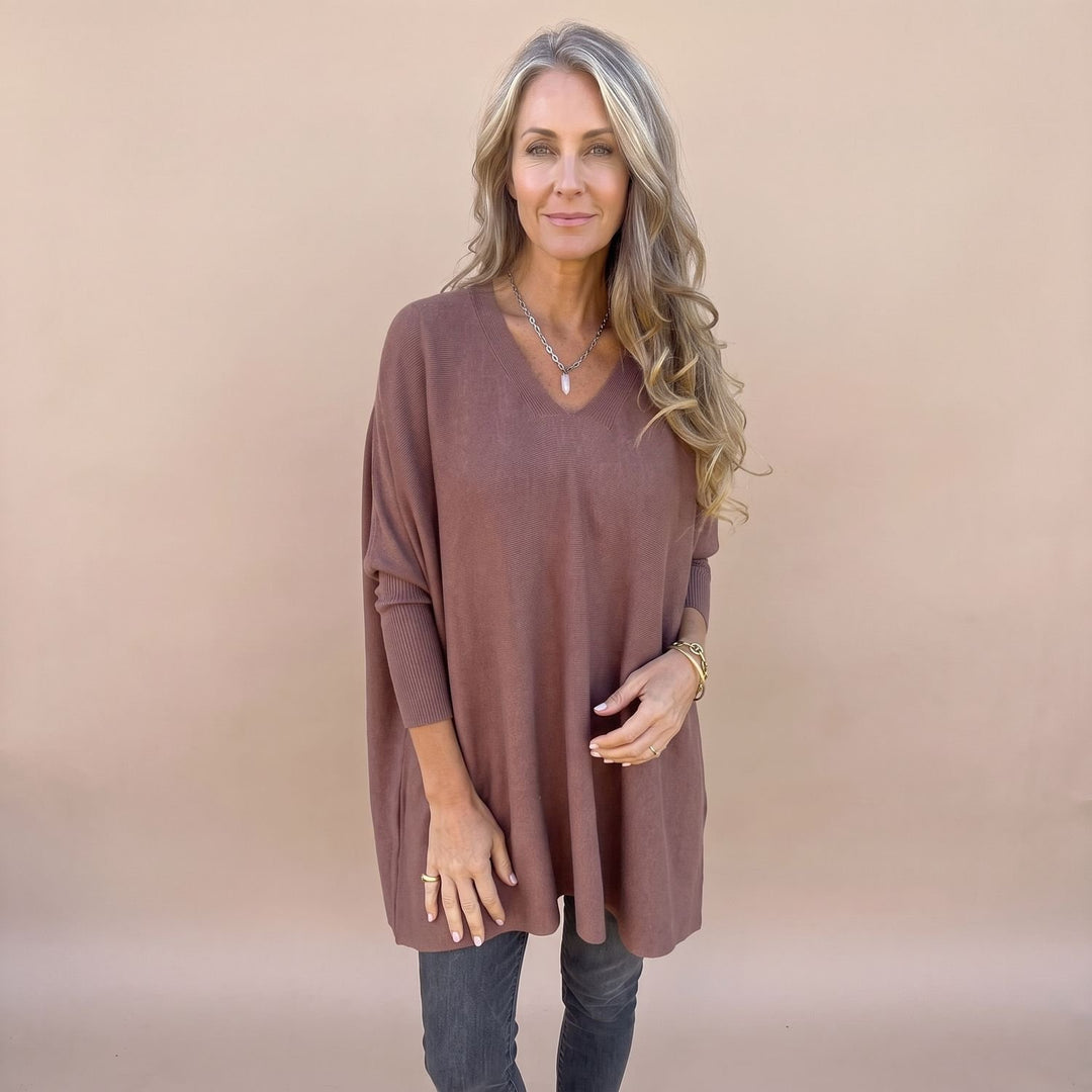 Damen Oversize V-Ausschnitt Pullover Damen Strick Tunika - Braun
