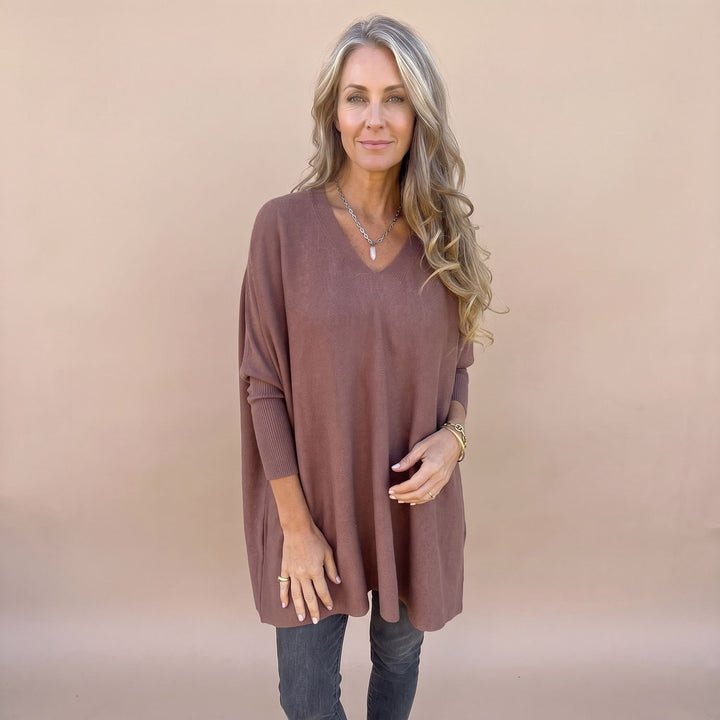 Damen Oversize V-Ausschnitt Pullover Damen Strick Tunika - Braun